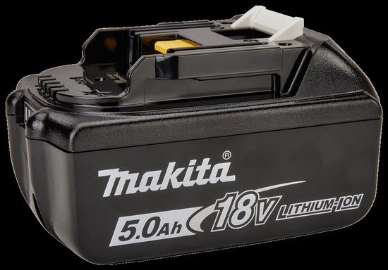 Zwarte Makita 18V Lithium-Ion accu, 5.0Ah met witte en gele details.