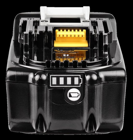 Zwarte Makita 18V Lithium-Ion accu met 4 LED-indicatoren.