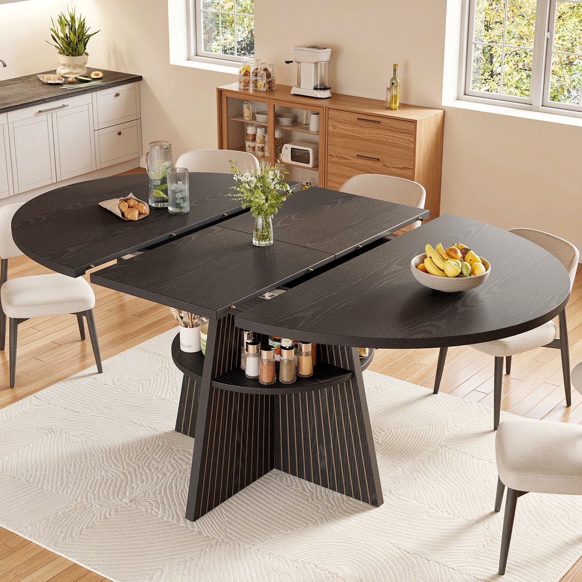 STILVORA Eettafel - Uitschuifbaar Met Opbergvak - Rond Of Lang Voor Ruimtes - MDF En Metaal - Zwart - 110-150x110x76 Cm Zwart, Natuurlijk Hout