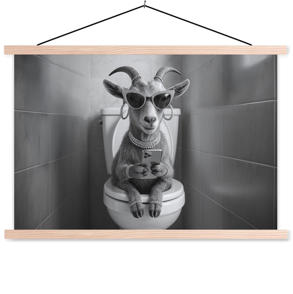 Posterhanger incl. Poster 150x100 cm - Schoolplaat - Geit - Telefoon - Toilet - Zwart - Wi