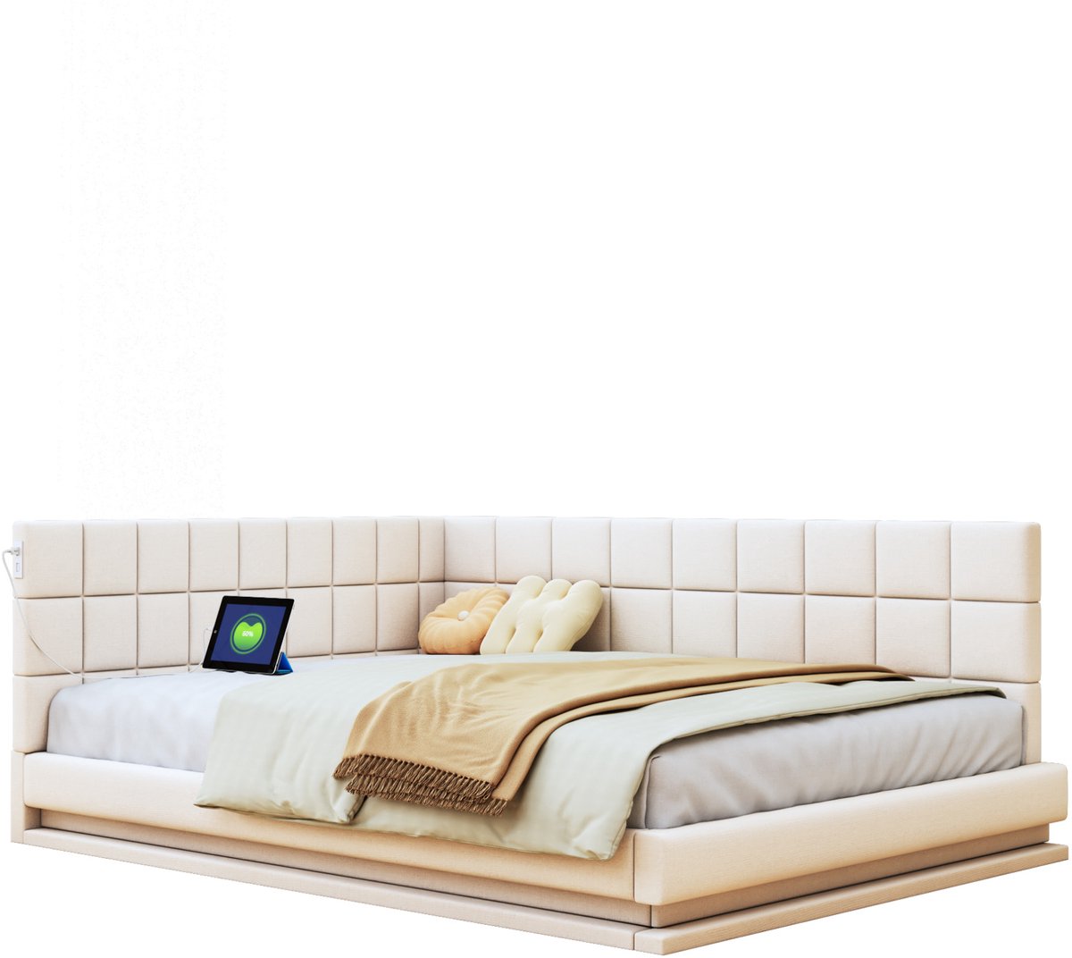Multifunctionele gestoffeerde slaapbank van 160*200 cm met ledverlichting, USB-poort en lattenbodem, linnen stof, beige.