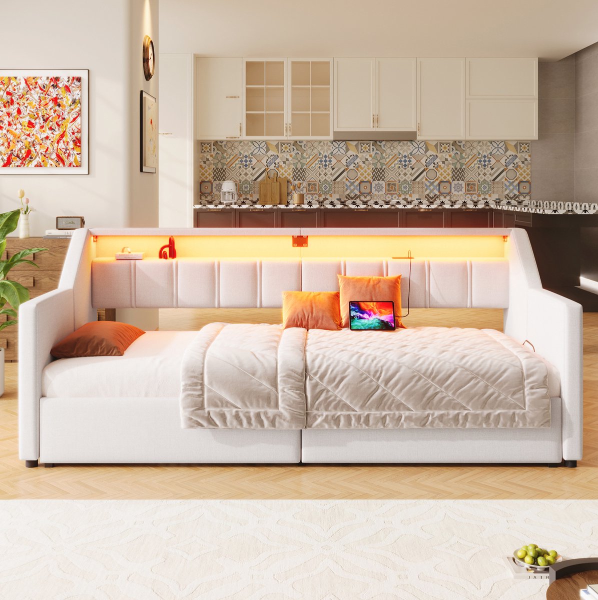 COVREO Slaapbank 90x200 cm beige MDF met LED en 2 lades, zonder matras
