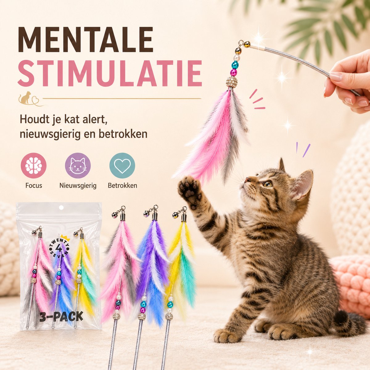 Twenty4seven® Kattenhengel 3 Stuks met Veer - Kattenspeelgoed Interactief - Kattenspeeltjes met Veertjes - Speelgoed voor Katten & Kittens thumbnail 5