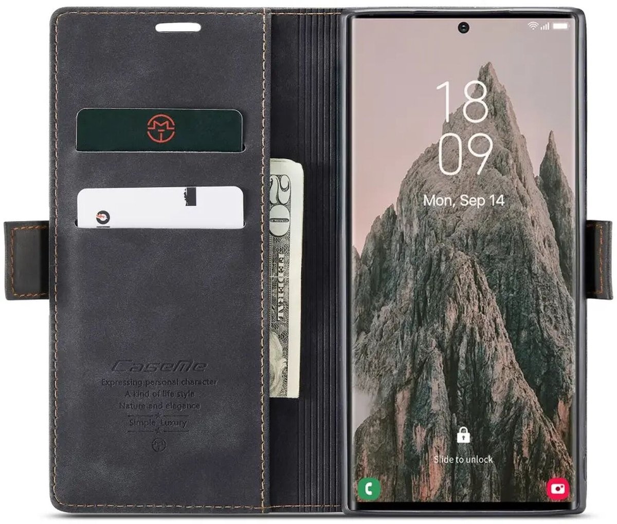 CaseMe 013 Hoesje Geschikt voor Samsung Galaxy S25 Ultra - Book Case met Standaard - Portemonnee Beschermhoes - Pasjeshouder voor Twee Pasjes - Zwart