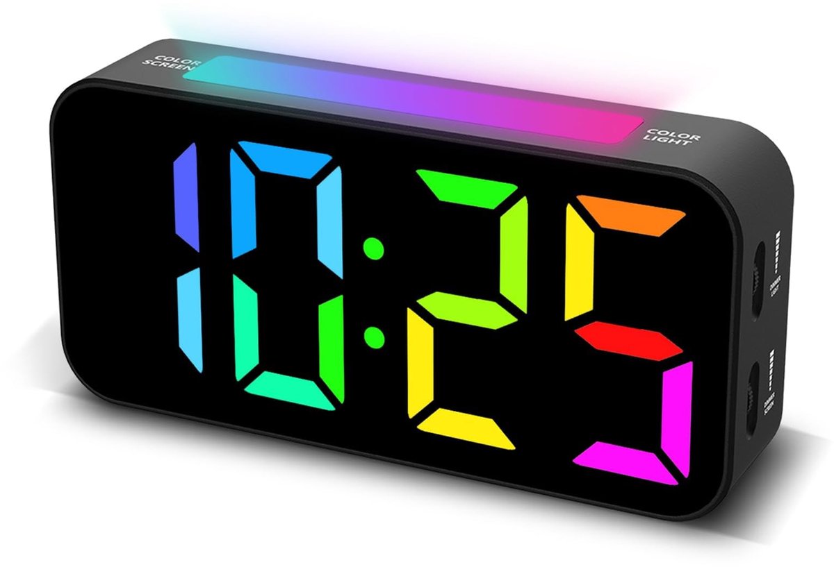 carmdering - Digitale Wecker - Digitaal Alarmklok - Digitale Klok - Drie Volumestanden - Acht Kleuren Nachtlicht - Kunststof - Verstelbaar Scherm - Ideale Start Van De Dag - 1 Stuk