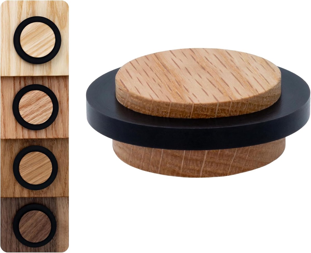 Houten Deurstopper - Deurdemper Muurbeschermer - Beschermt Muren - Massief Rood Eikenhout - Ø47x22mm - Zwart Rubber