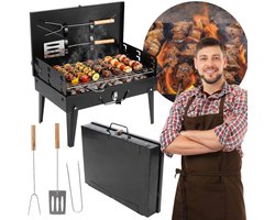 Opvouwbare toeristengrill/kampeer barbecue met vork en spatel, koffer 43x26,5x46,5 cm