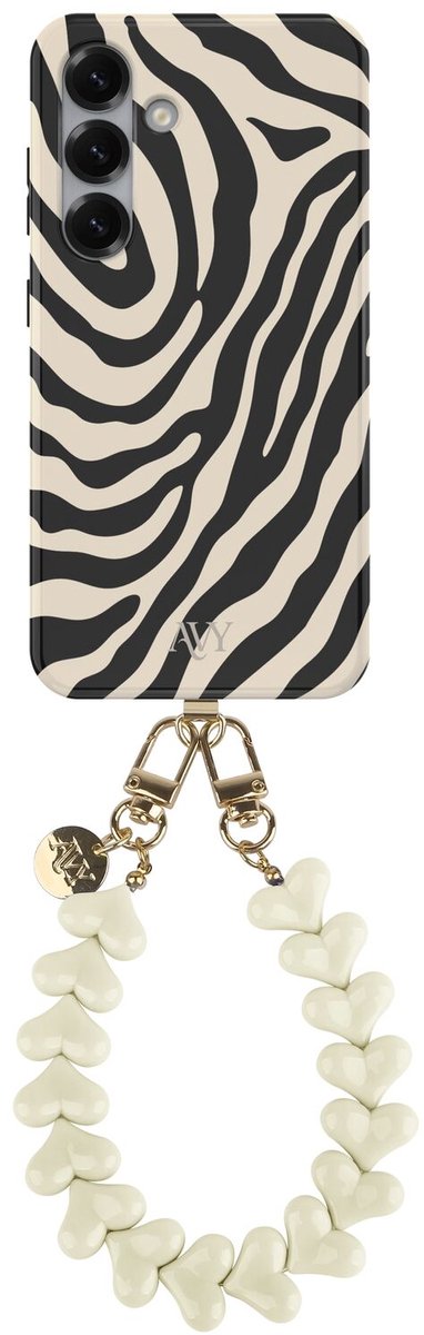 AVY Hoesje Met Telefoonkoord | Geschikt voor Samsung Galaxy S25 | Compatibel met MagSafe | Hard Shell Back Cover | Stijlvol Bijpassend Koord 30CM | Safari Hearts | Zwart & Wit
