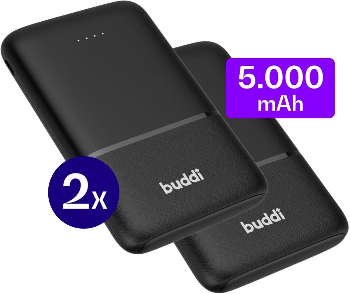 Buddi Go 5.000 mAh Powerbank Duo Pack - Reisformaat - Compact - Klein - Ultra Dun - 2.4A USB-C en USB-A - Universele Powerbank Geschikt voor Telefoon & Tablet - Ideaal voor handbagage - Zwart