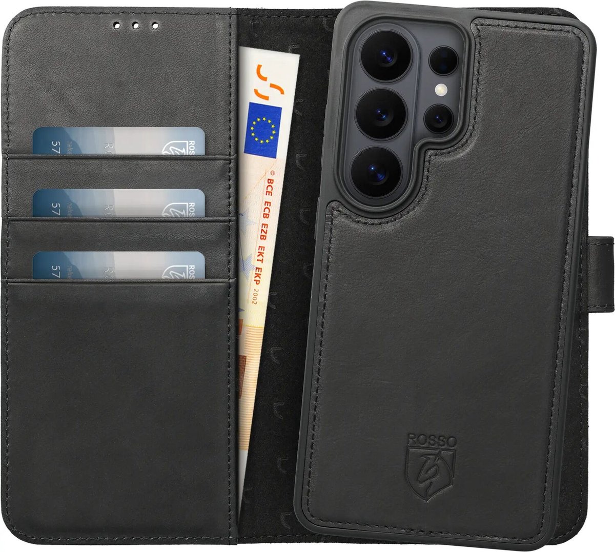 Rosso Elite Hoesje Geschikt voor Samsung Galaxy S26 Ultra | Compatibel met MagSafe / Qi2 | Book Case en Back Cover | Magnetisch Uitneembaar | Echt Leer Beschermhoes met Pasjeshouder | Zwart