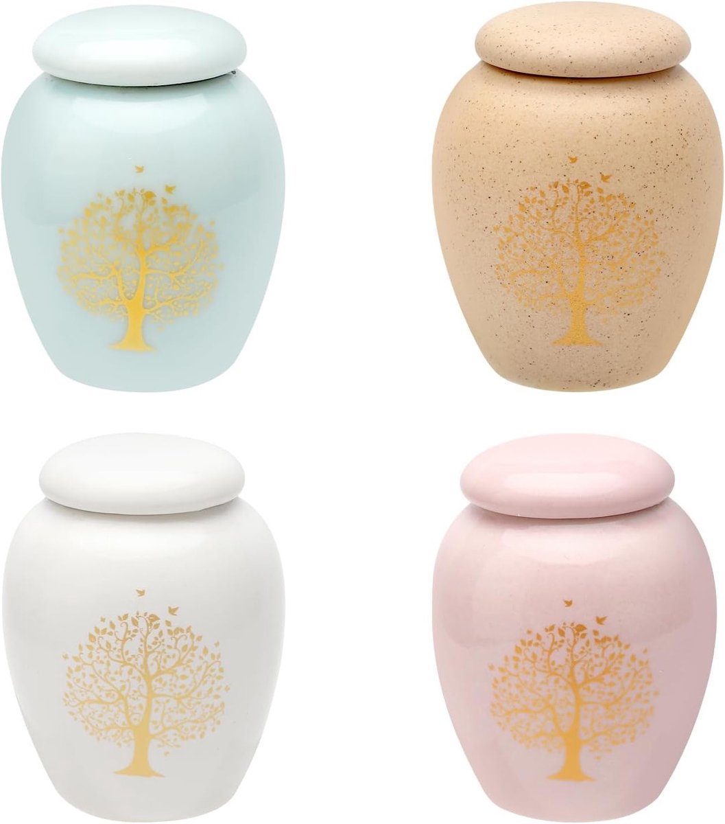 Set van 4 Kleine Keramische Urns met Levensboom voor Menselijke As, Honden en Katten - Veilig Opslag van As