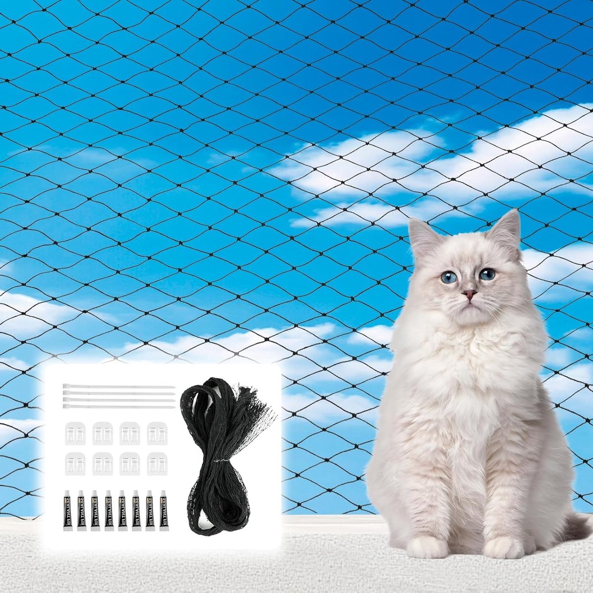 Balkonnet voor katten, zonder boren, zelfklevende haken, siliconenlijm en nylon kabelbinders, 3 x 5 m, versterkt en weerbestendig, eenvoudige kattenbescherming voor veilig buitenleven