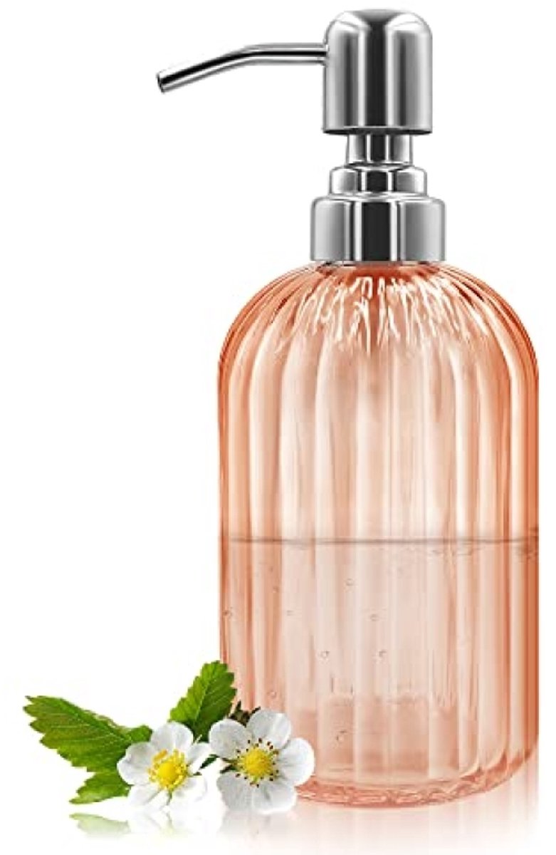 ModernStore Glazen Zeepdispenser 14 oz met 304 Roestvrijstalen Pomp - Navulbare Handdispenser voor Badkamer, Keuken, Aanrecht, Wasruimte - Amber