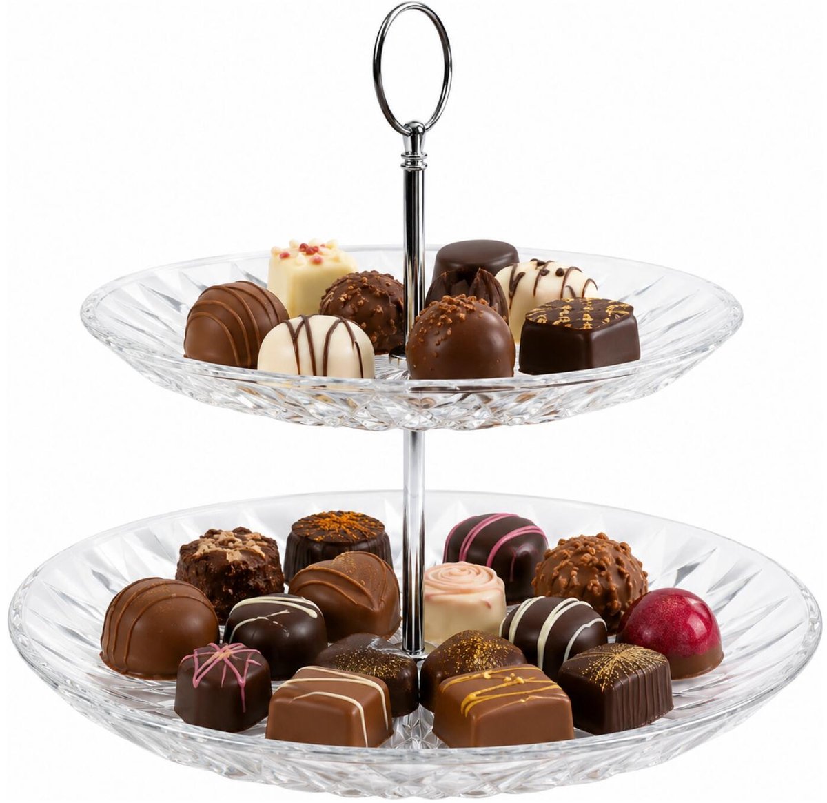 Alessandro etagere - H23 x D20/25 cm - transparant - decoratief glas - 2 laags - bonbons - chocolade - koekjes