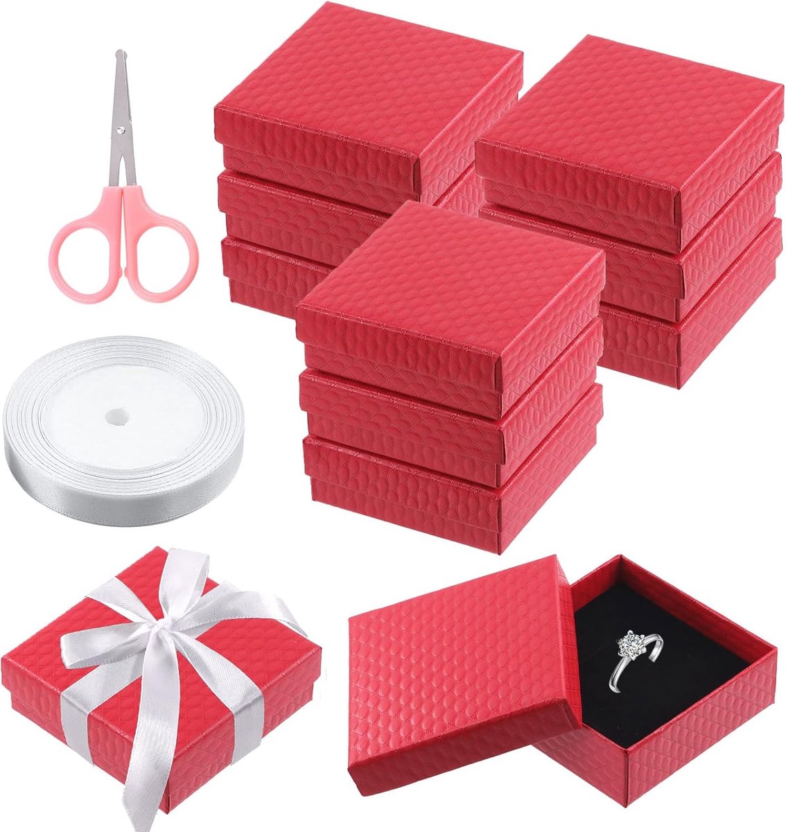 SnelShoppen - 12 Stuks Rood Kartonnen Sieraden Geschenkdozen 3,5 x 3,5 x 1,2 Inch met Schaar en Polyester Lint - Perfect voor Kettingen, Oorbellen en