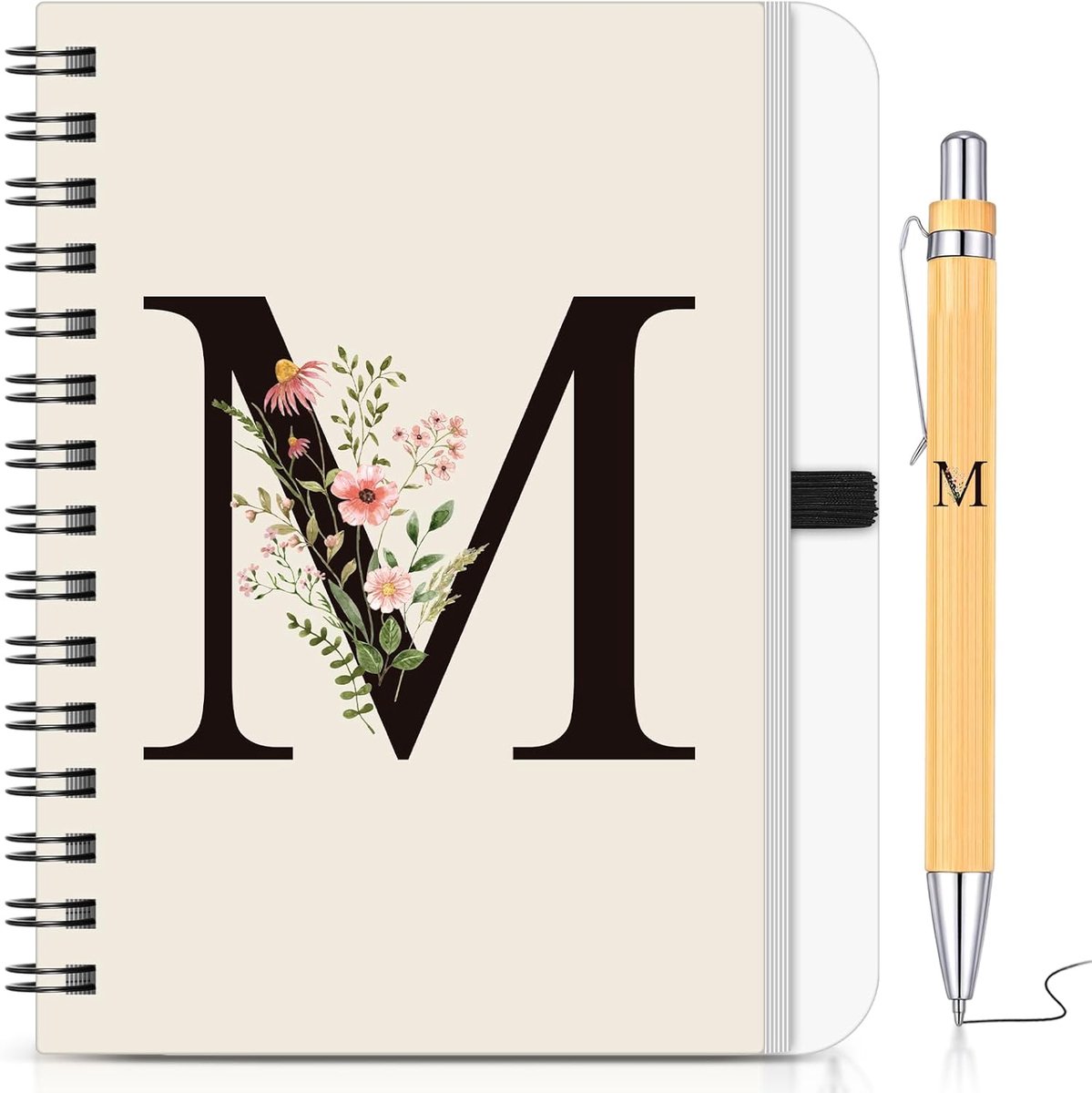 Thijox - BBTO Gepersonaliseerd Initiaal M Notitieboek B6 met Bloemen en Bamboe Pen - Uniek Notitieboek en Penset als Geschenk voor Kerst, Verjaardag,