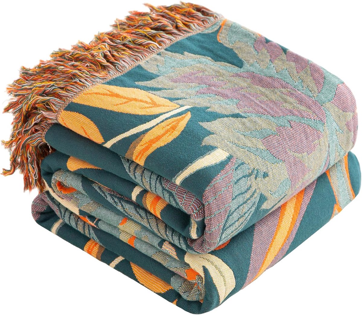 SnelShoppen - Boho Deken 100% Katoen, Dubbelzijdige Mousseline, Bankdeken en Bedsprei 150x200 cm, Behaaglijk en Esthetisch Design in Oranje/Groen voor