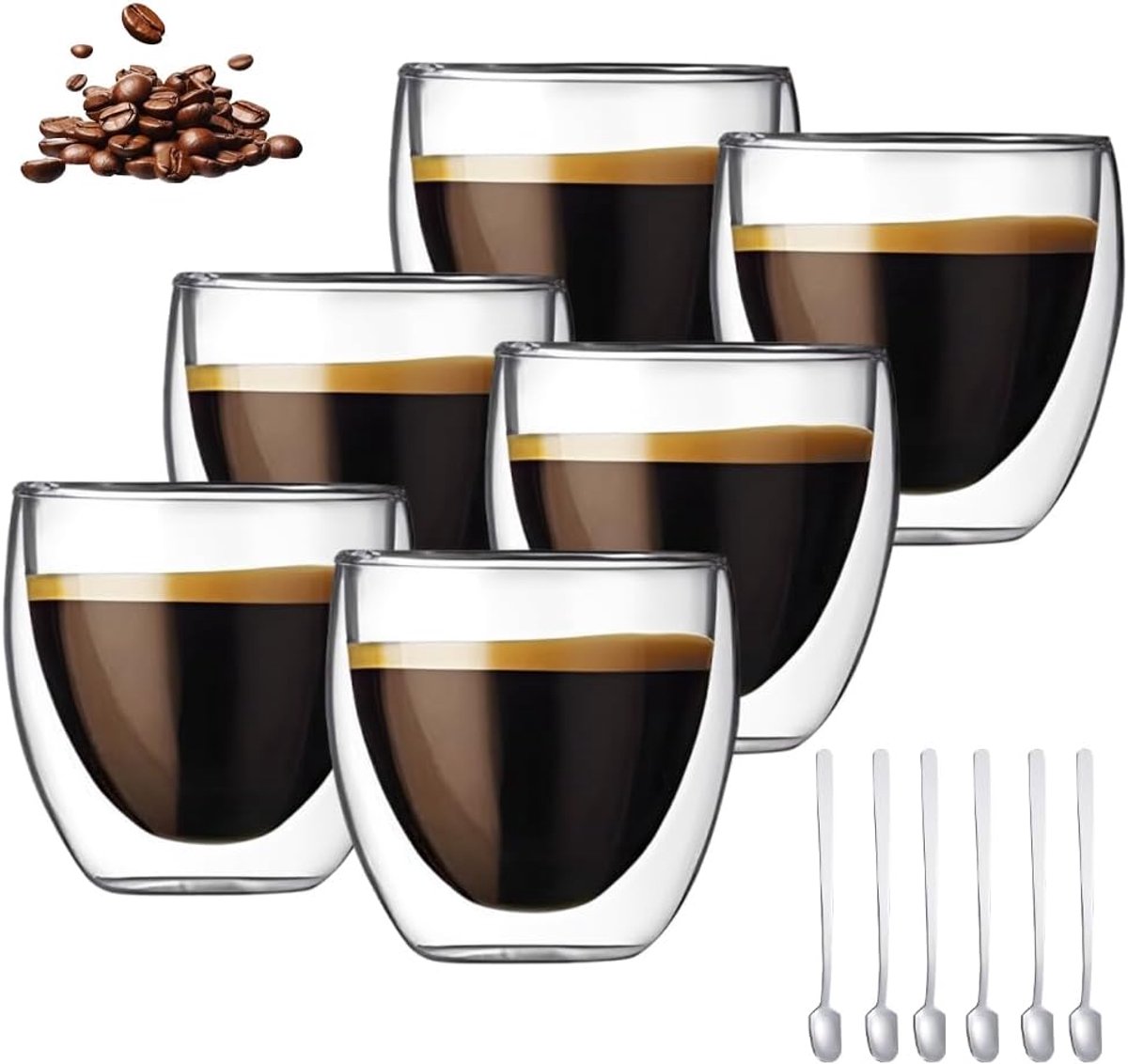 SnelShoppen - Dubbelwandige Latte Macchiato-glazen Set (6 x 80 ml) met Lepels - Espressotassen voor Latte, Iced Americano, Melk en Bier - Hoogwaardig