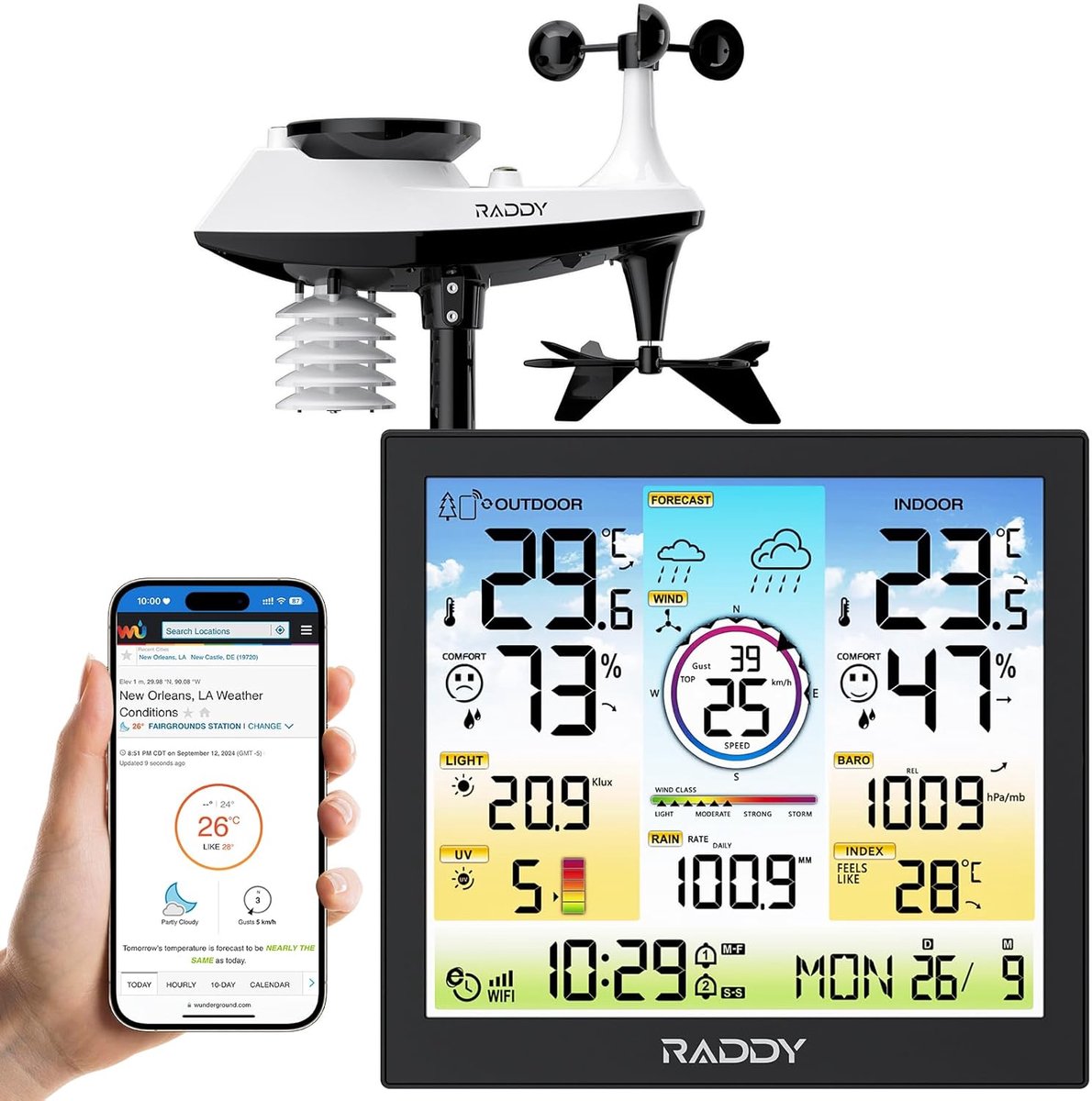 SnelShoppen - Professioneel draadloos WiFi-weerstation met 7-in-1 buitensensor, temperatuur- en vochtigheidsmeter, regenmeter, windsnelheid, weersvoor