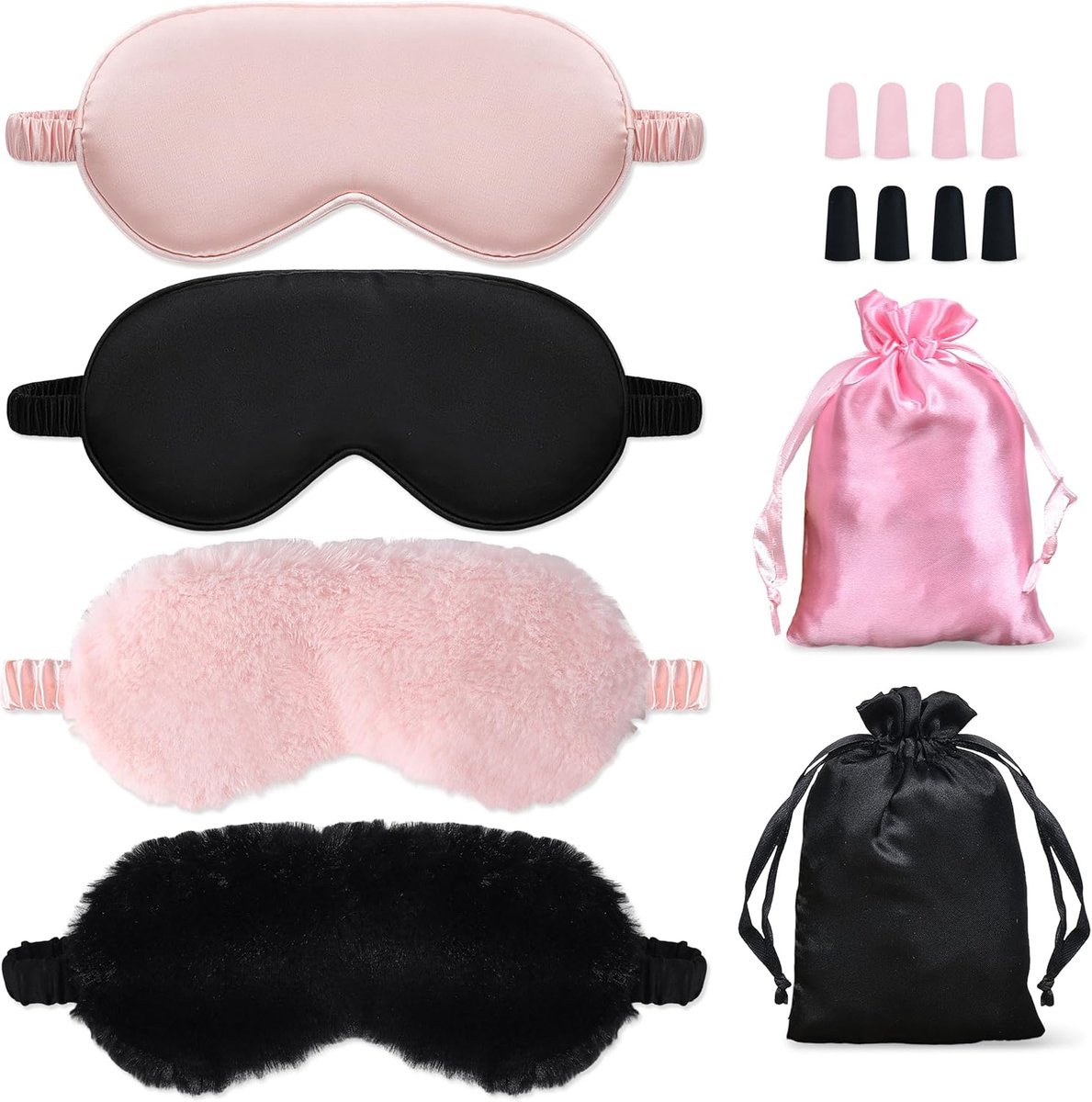 SnelShoppen - Slaapmasker Pluche en Zijde Oogmasker 4 Stuks met Verstelbare Band en Oordopjes - 2 Kleuren Luxe Oogmaskers voor Dames en Heren voor Ont