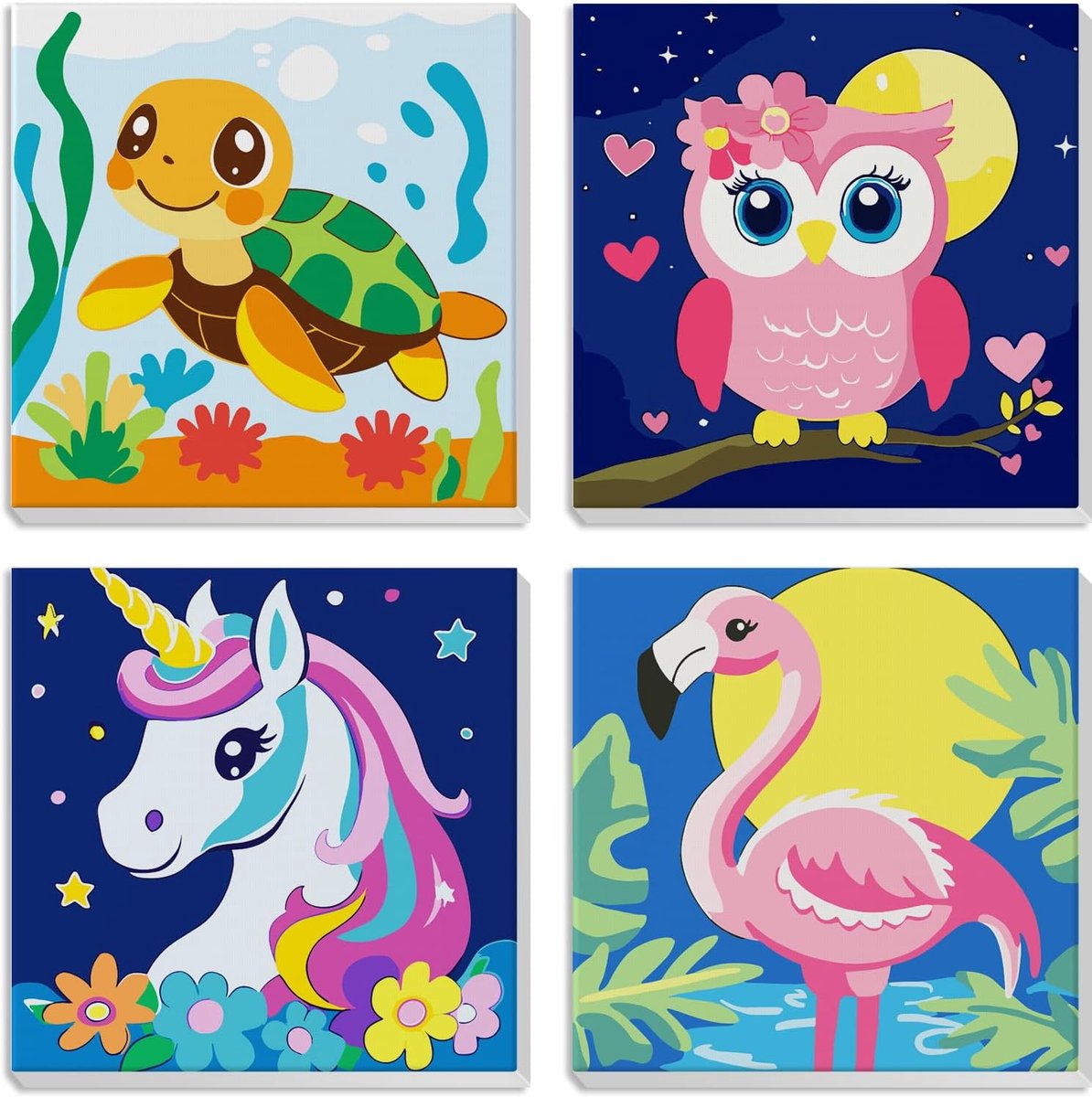SnelShoppen - 4 Delige Schilderen op Nummer Set voor Kinderen met Lijsten - Dieren Schilderen voor Kinderen van 6-12 Jaar - Schildpad, Uil, Eenhoorn,