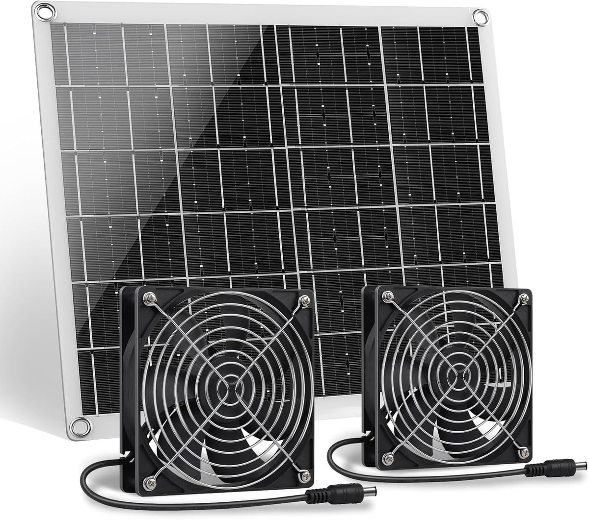 SnelShoppen - Solar Fan 15W Zonnepaneel Ventilator met 2 IP67 Waterdichte Ventilatoren voor Kleine Kippenhokken, Kassen, Schuren, Dierenhuizen, In/Uit
