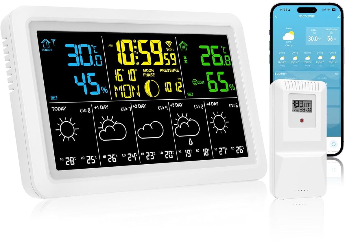 SnelShoppen - Draadloos Weerstation met Buiten Sensor, Radio Klok, Groot Kleuren Display, Binnen en Buiten Temperatuur/Humidity, Dimbare Verlichting e