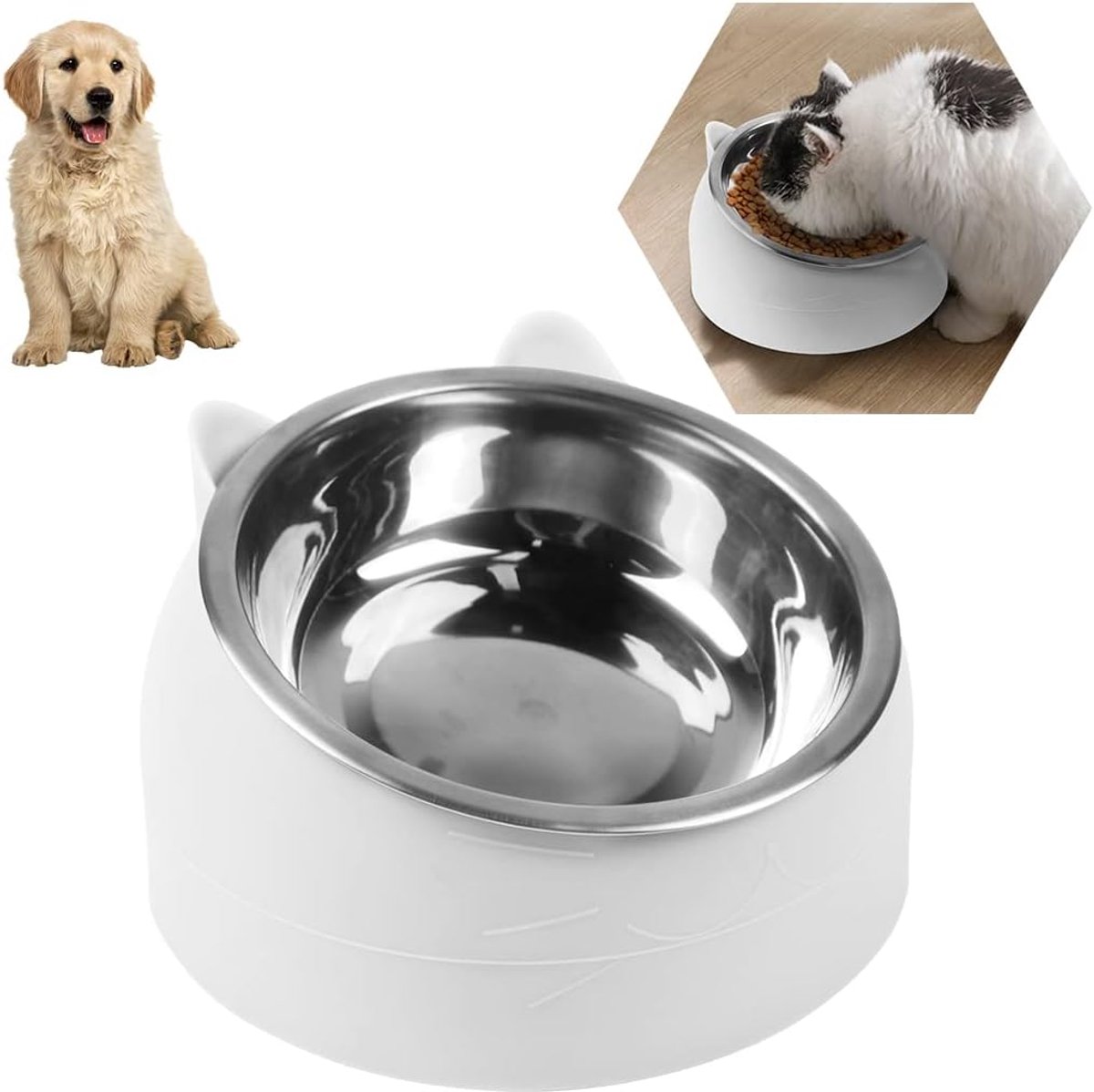 SnelShoppen - O-Kinee Kattenbakken, Voeder Set voor Honden en Katten, Verhoogde Voederbak met 15° Hellingshoek, RVS Bakken 200 ml, Ergonomisch en Duur