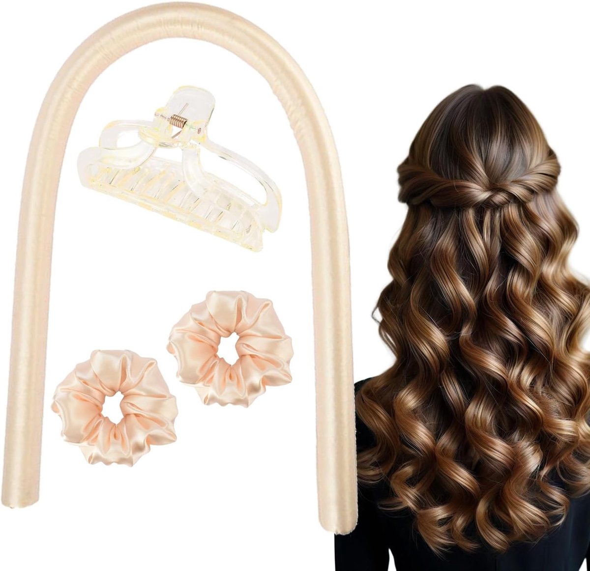 SnelShoppen - Pull Overnight Curlers, Heat-Free Curling Iron Headband, Satin Ribbon Hair Curlers voor Mooie Krullen in je Slaap, Flexibele Rubber, Cha