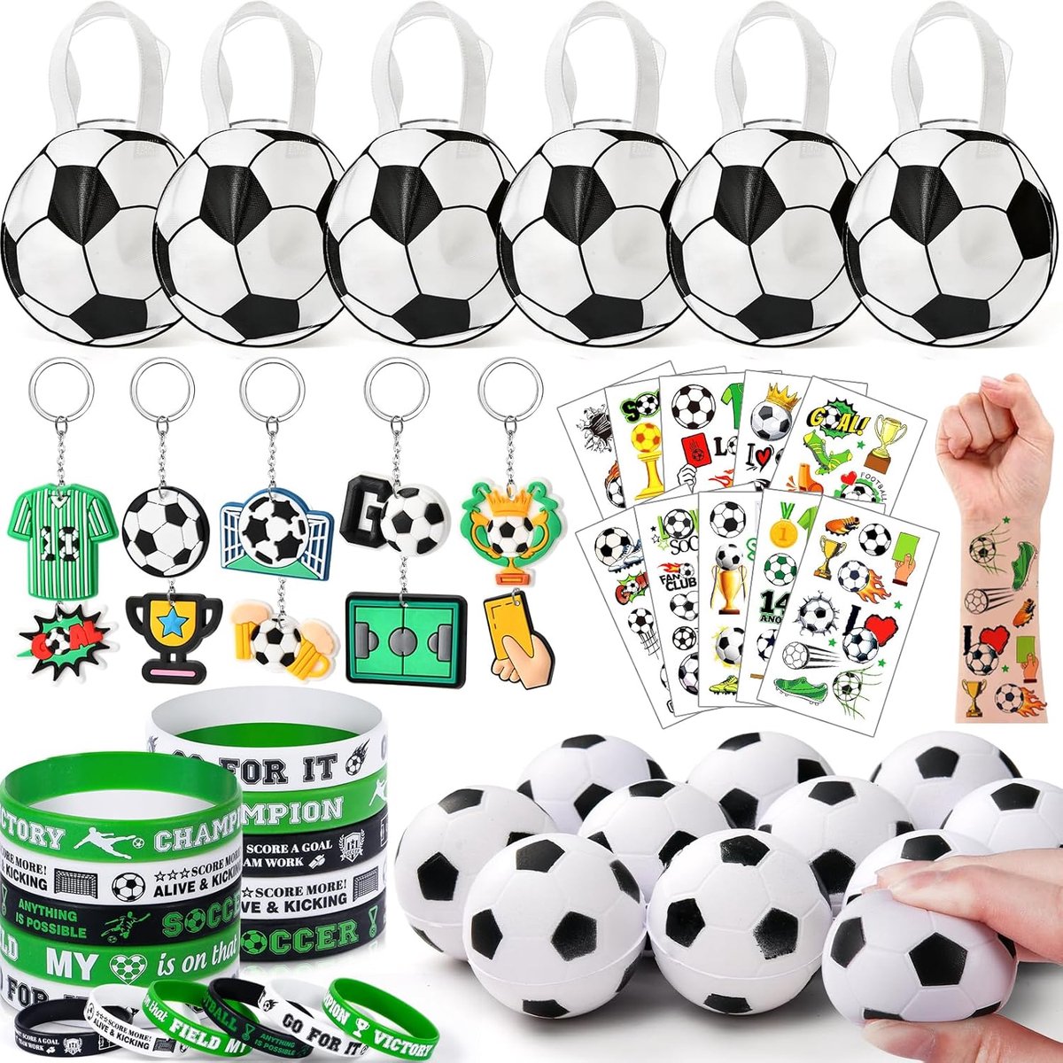 SnelShoppen - 50 Stuks Voetbal Party Geschenken voor Kinderen - Feestuitnodigingen, Stressballen, Sleutelhangers, Siliconen Armbanden en Tatoeages - P