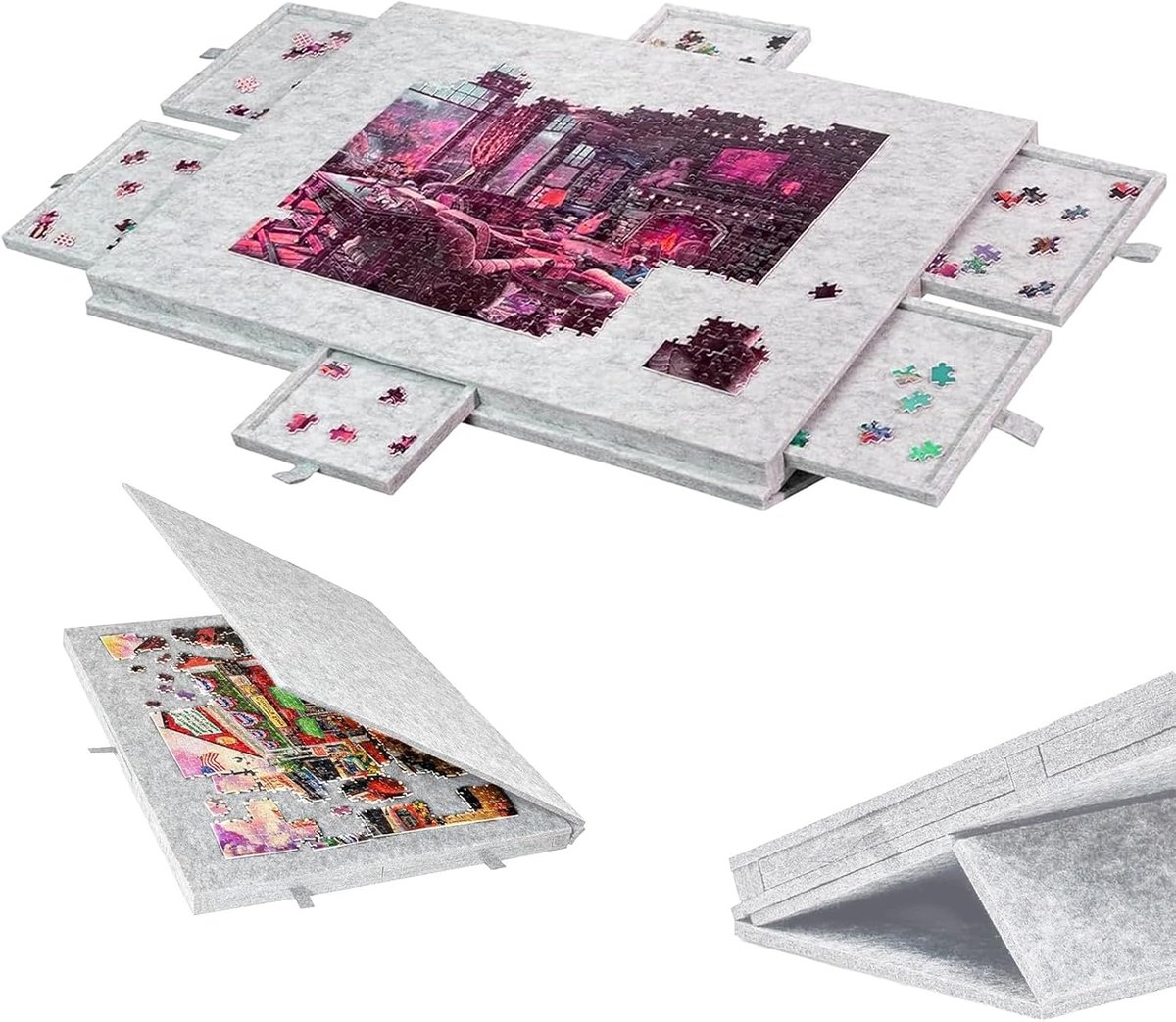 SnelShoppen - Vouwbare Puzzelbord 1000 Stukken met 6 Laden, 2-in-1 Deksel en Puzzelstandaard, Grijze Puzzeltafel voor Jigsaw Puzzels, Geschikt voor Th