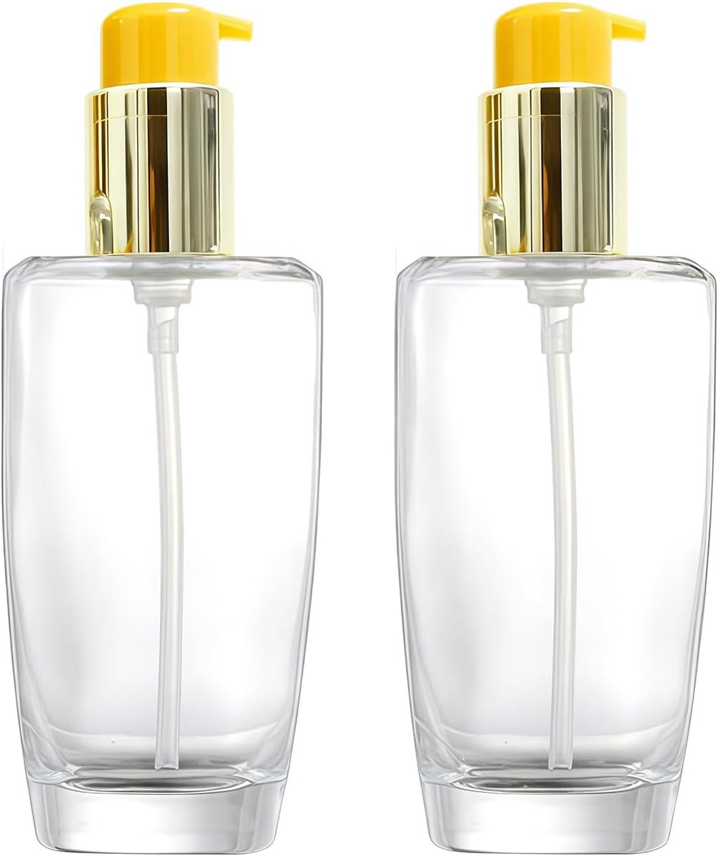 SnelShoppen - 2Pcs 100ml/3.3oz Lege Transparante Glazen Lotion Pompflessen met Gouden Vergrendelbare Drukpomp - Herbruikbare Essentiële Olie Dispenser