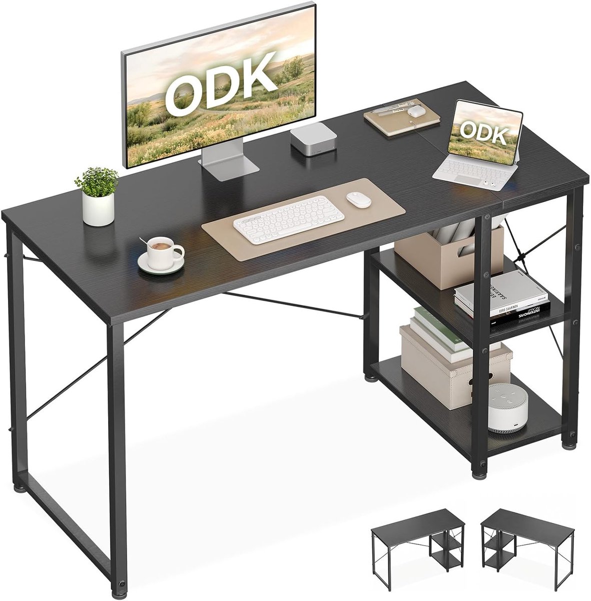 SnelShoppen - ODK Bureau met Omkeerbare Plank, Bureau met Opbergplanken, Thuiswerkplek, Studie en Gaming Bureau (Zwart, 120x48cm)