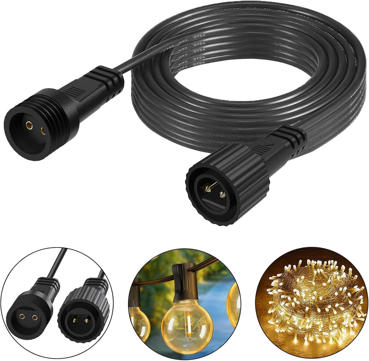 SnelShoppen - Outdoor Extension Cable 5 m Waterproof - Lange Kabel voor Ball Lights, Fairy Lights, Tuinverlichting, Lichtgordijnen, IJsregen, Hoofd- e