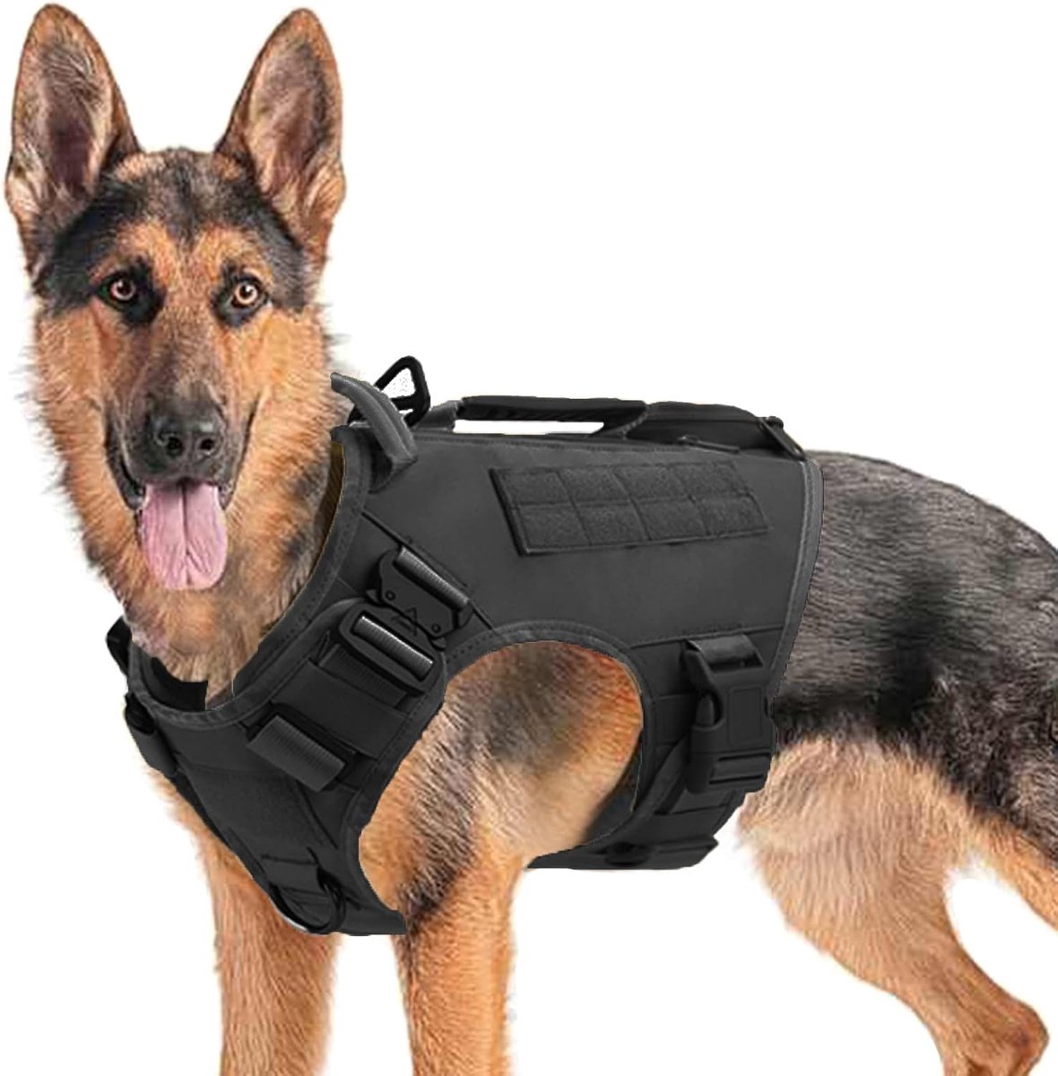 Thijox - Tactisch hondenharnas XL voor middelgrote en grote honden, anti-trek, verstelbaar hondenvest met handvat, zwart, molle- en luspanelen, ideaal
