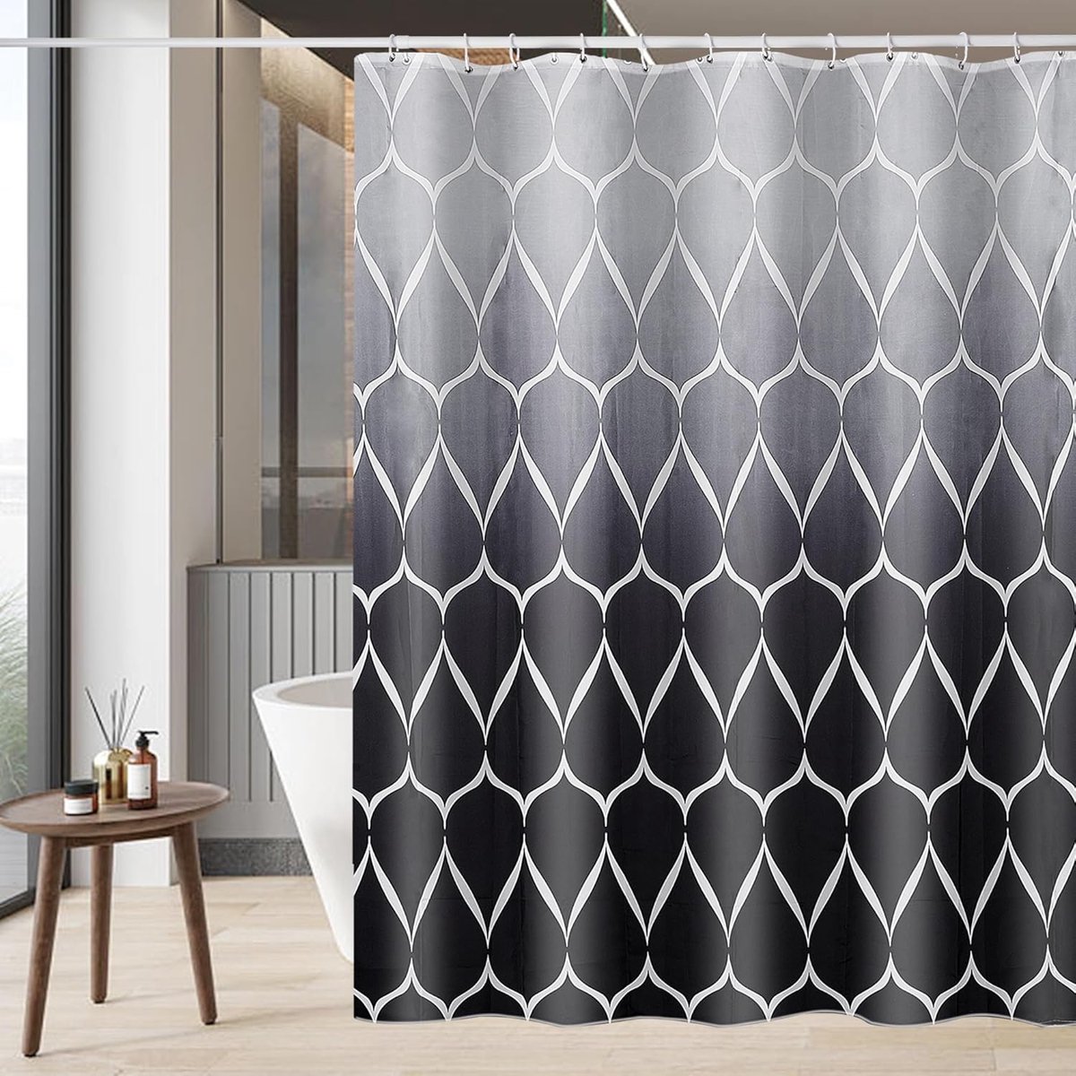 SnelShoppen - Extra Brede Gewichten Douchegordijn 240 x 200 cm, Waterdicht Anti-Schimmel Polyester 130GSM, Inclusief 12 Ringen & Grijs Zwart Golfpatro