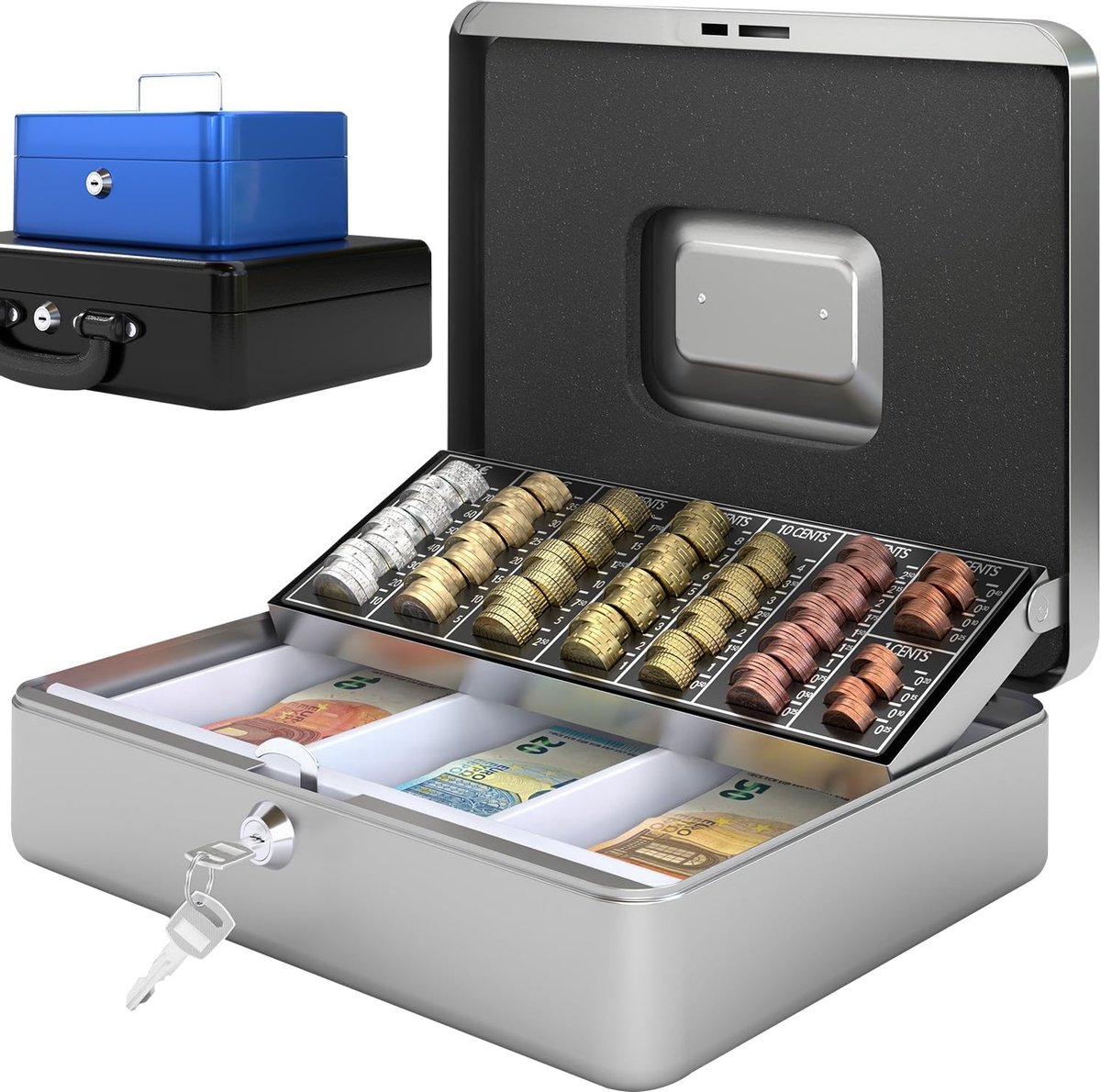 SnelShoppen - Geldkluis - 30x24x9 cm, Met Sleutel, Stalen Constructie, Inclusief 2 Sleutels, Zilver - Veiligheid, Cash Case, Spaarpot voor Thuis en Op