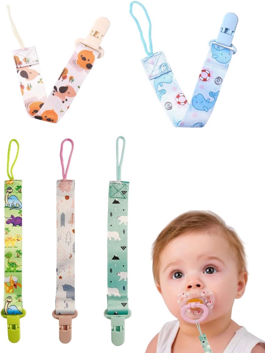 Thijox - Fopspeenketting Set van 5, Katoenen Riempjes, Fopspeen Clip Kettingen voor Baby's, Duurzaam en Flexibel, Houdt Fopspeen Schoon, Geschikt voor