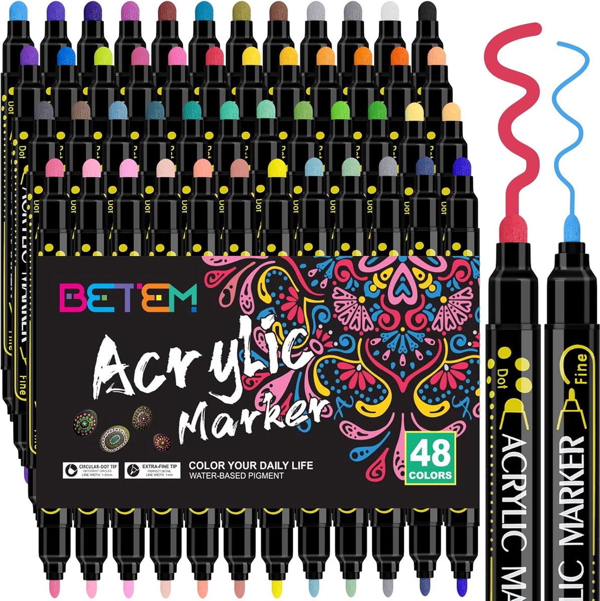 SnelShoppen - 48 Kleuren Dubbelzijdige Acrylverf Pennen Markers voor Rock Painting, Hout, Canvas, Steen, Keramiek, Creatieve DIY Kunst Benodigdheden