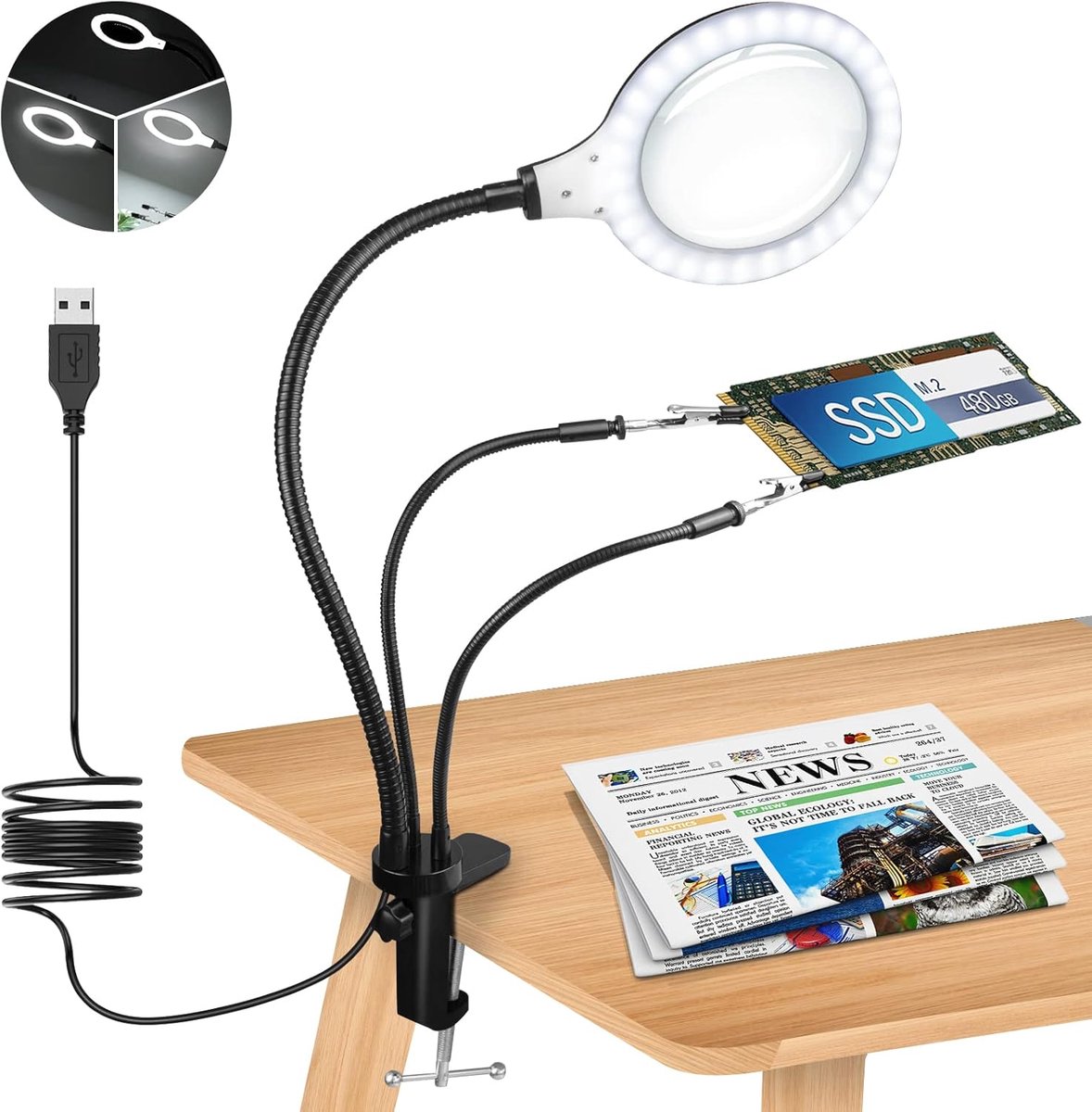 SnelShoppen - Vergrootglas met Licht en Stand, 5x Derde Hand Soldeerhulp, Verlichte Magnifying Lamp met 30 Dimbare LED Lichten voor Handwerk, Lezen, E