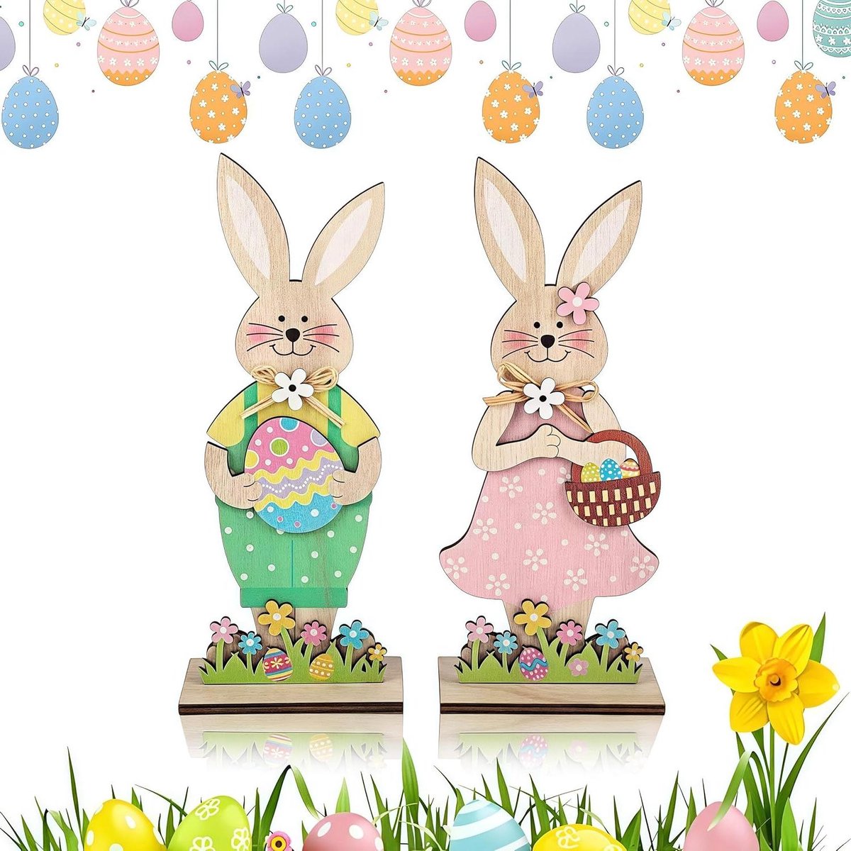 Houten paashaas - Paasdecoratie serie - Feestelijke sfeer - Handbeschilderd design - 3 stuks - Natuurlijk hout