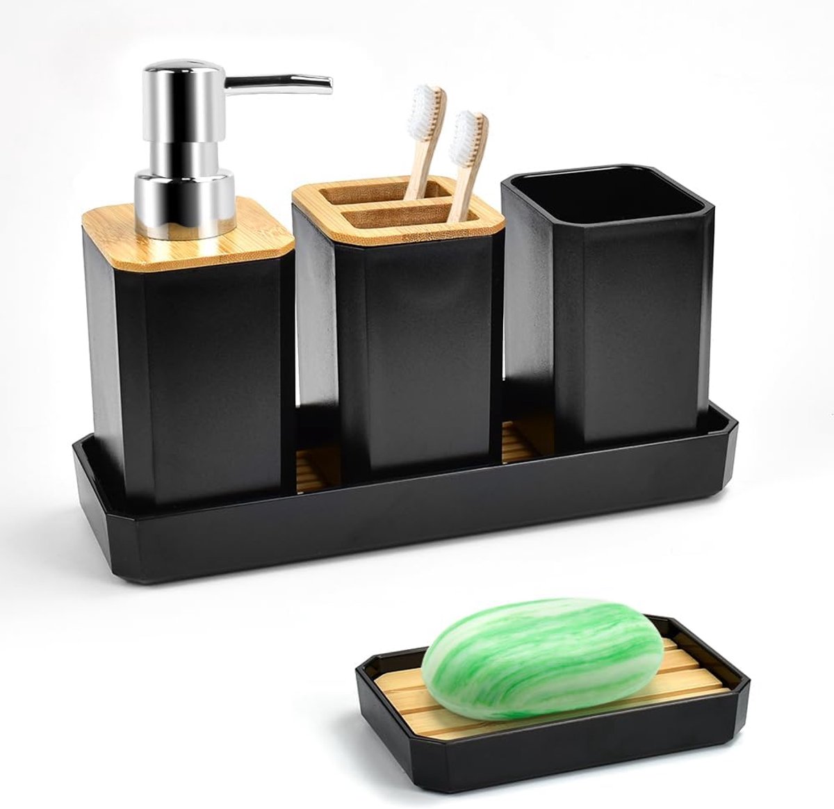 SnelShoppen - 5-delige Badkamer Accessoires Set - Zeepdispenser, Tandenborstelhouder, Tumbler, Zeepbakje, Makeup Lade - Modern Zwart Baddecor voor Bad