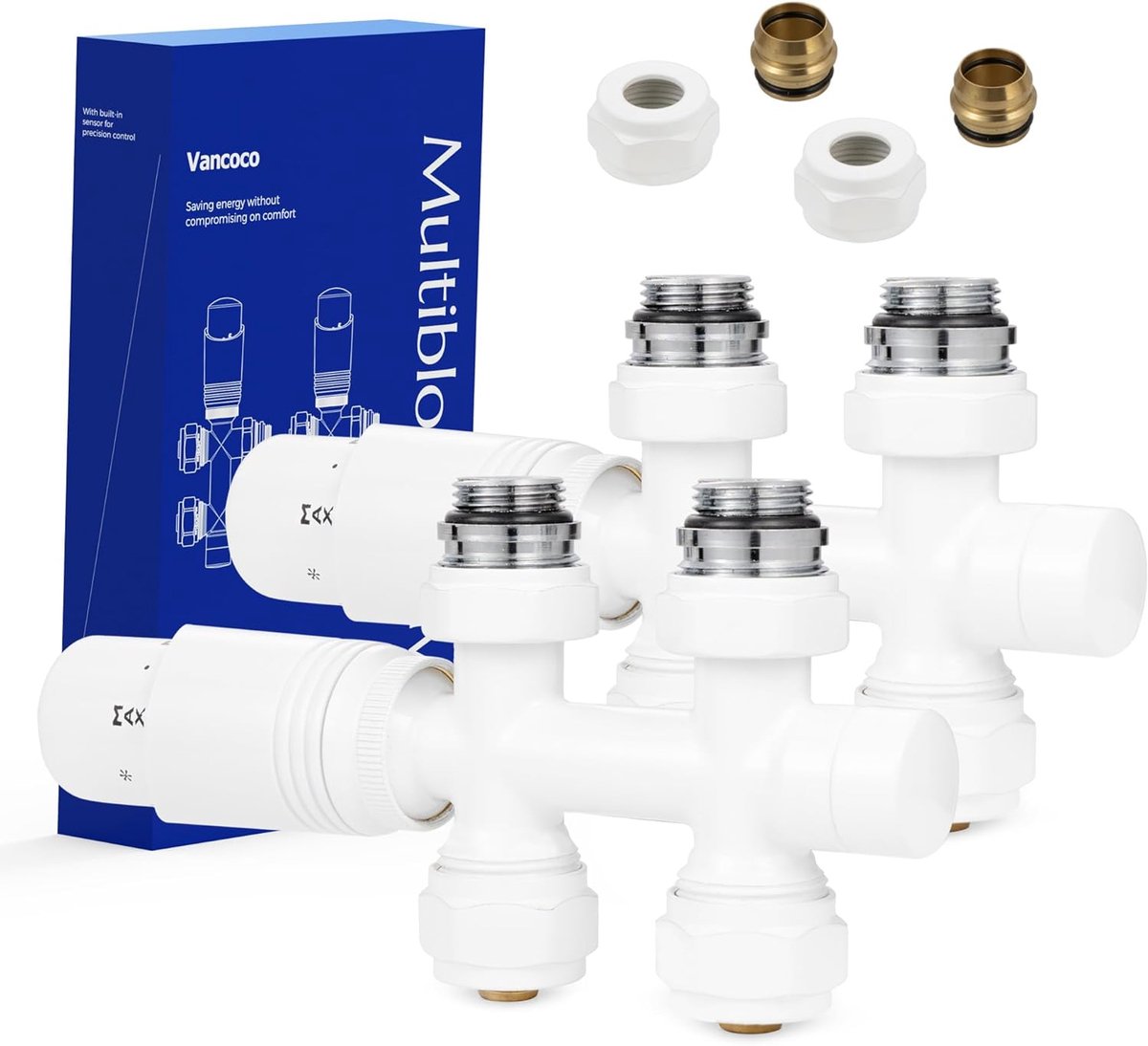SnelShoppen - 2-delige Radiator Multiblock met Thermostaat voor 50 mm Hubafstand, Tapblok en Ventielsets voor Ø 16 mm en Ø 15 mm Koperbuizen (Wit)
