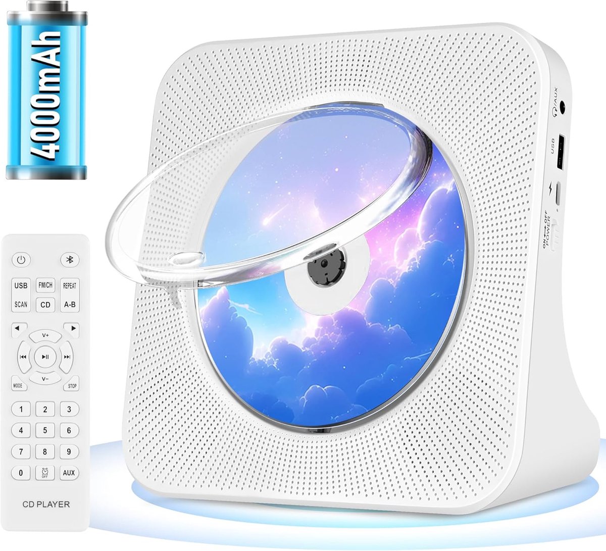 SnelShoppen - Draagbare CD-speler 4000 mAh Oplaadbaar met Bluetooth, HIFI Speaker, LCD Display, Stofhoes, Radio Timer, Oortelefoon en USB/AUX in Wit -