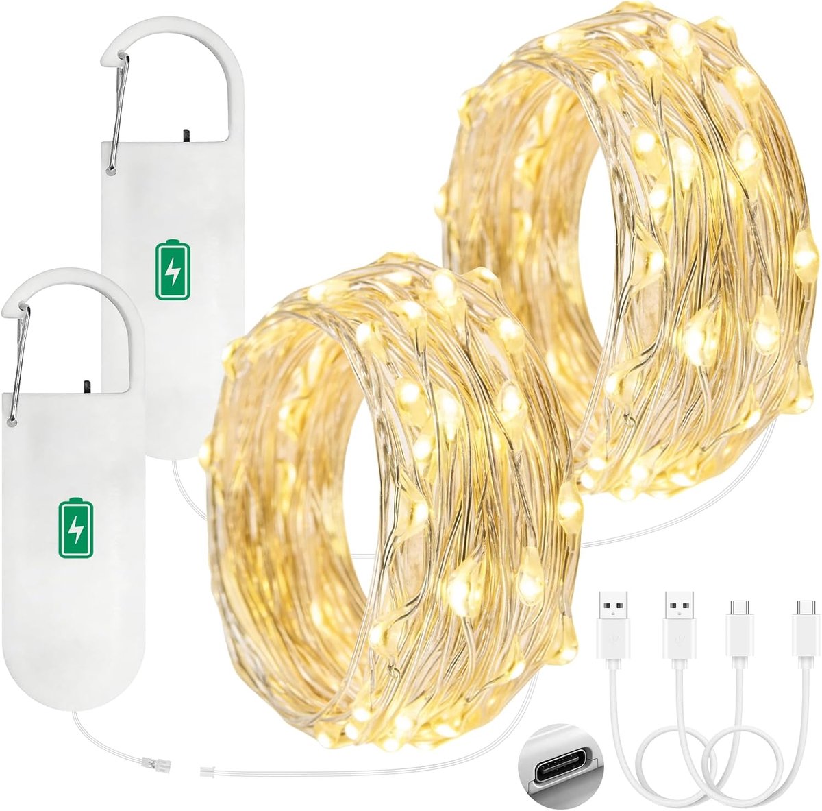 Thijox - Oplaadbare Snoerlichten met Accu, 2x50 LED's Warm Wit 5M, USB Snoerlichten voor Binnen en Buiten, Feest, Kerst, Tuin Decoratie