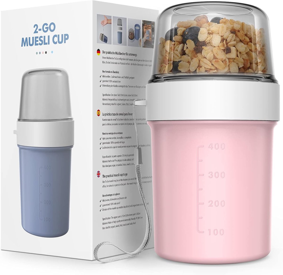 SnelShoppen - 2-in-1 Mueslibeker to go voor Kinderen, Praktische Yoghurtbeker met 310ml en 560ml Inhoud, Geschikt voor Magnetron, Vaatwasser en Vriesk