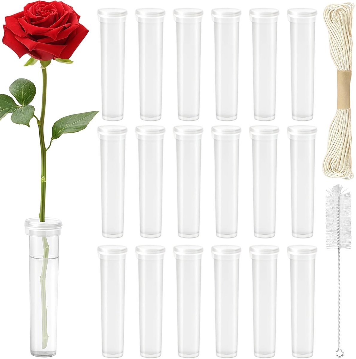 SnelShoppen - 50x Herbruikbare Bloembuis voor Water, Kunststof Orchideeënbuizen 7,2x1,8cm met Doppen, Schoonmaakborsteltje & Touwtje, Transparant voor