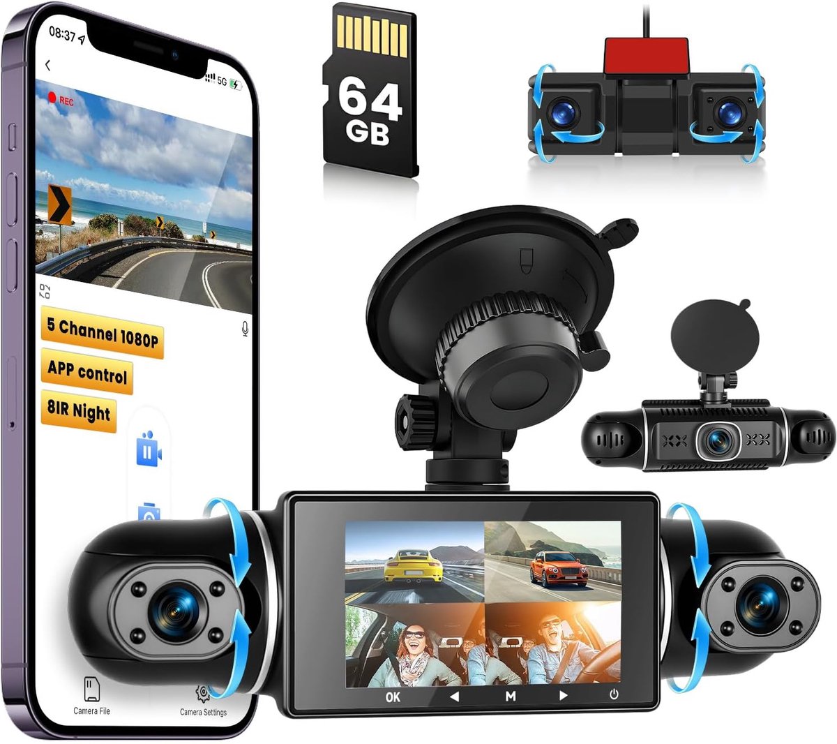 SnelShoppen - 5-Kanaals Dashcam 1080P - Voor- en Achterinterieur Camera - 360° Autocamera met 64GB Kaart, Wi-Fi, Loop-opname, G-sensor, Nachtzicht
