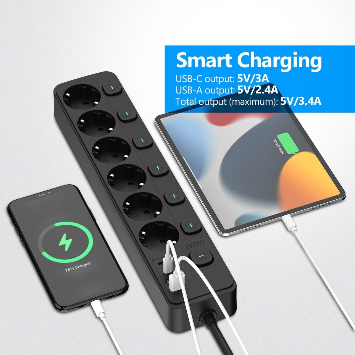 SnelShoppen - Power Strip met 6 Stopcontacten, 2 USB-A en 2 USB-C Poorten, Individueel Schakelbaar, 3680W, 16A, 2m Kabel - Zwart, Ideaal voor Thuis, K