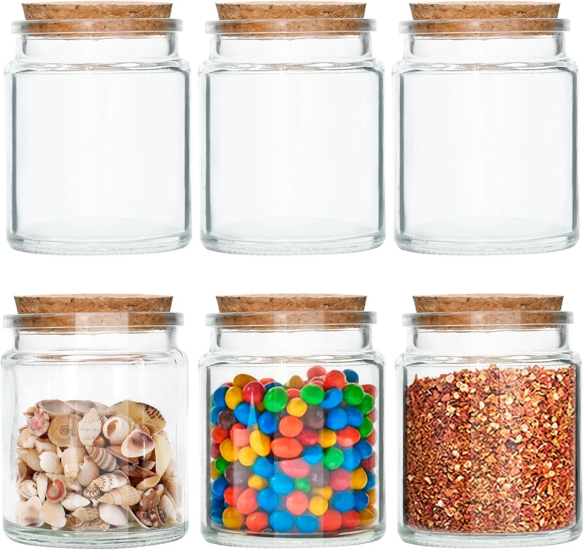 SnelShoppen - 6x 200ml Heldere Glazen Potten met Kurken Deksel - Lege Opslag Flessen voor DIY, Kaarsen, Kruidenset, Decoratie, Keuken en Feestjes